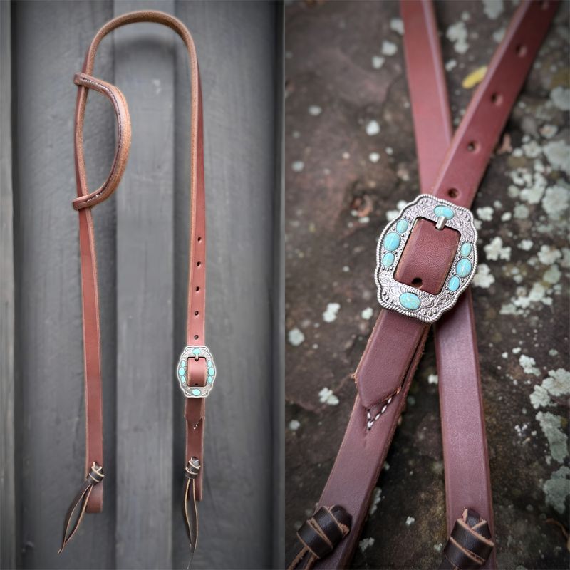 Single Buckle One Ear Headstall 3/4&quot; Oiled Harness Leather with Antique Silver &amp; Turquoise Buckle and Tie Ends