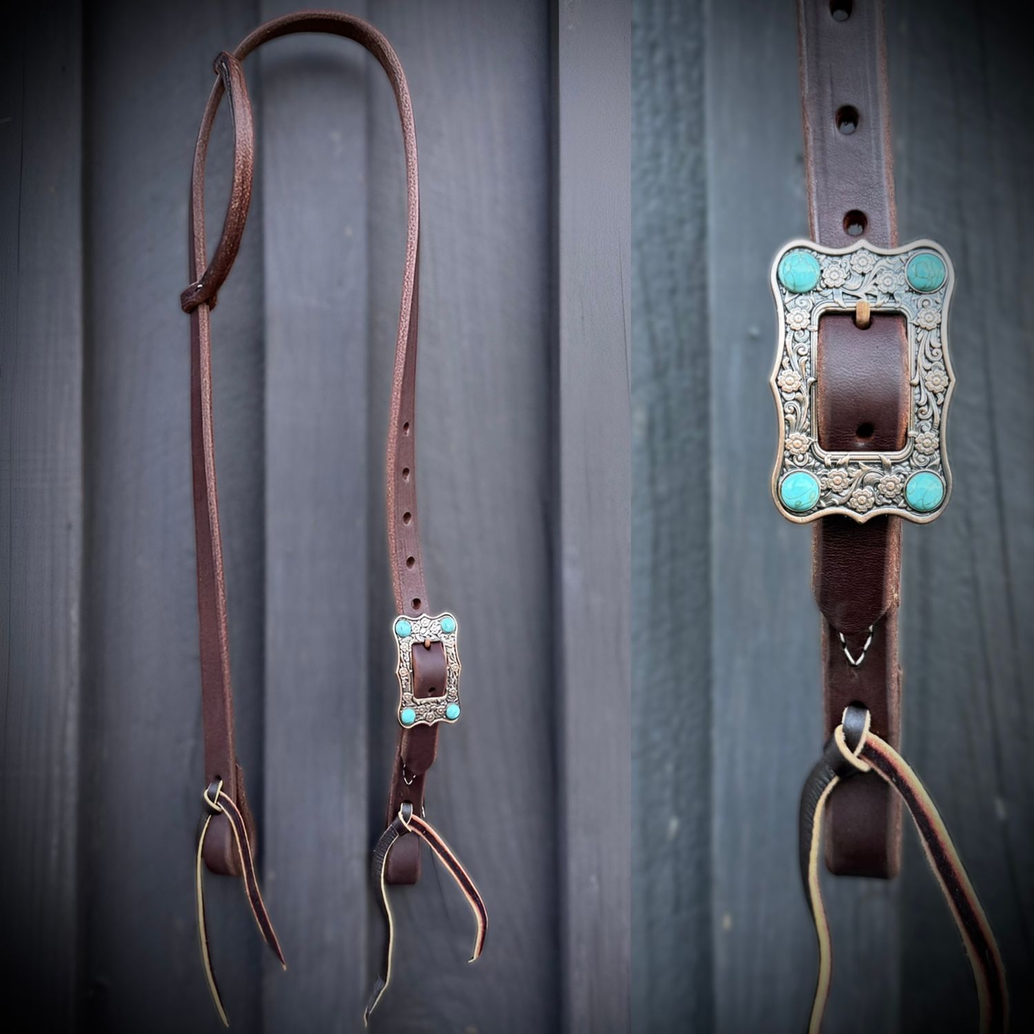 Single Buckle One Ear Headstall 3/4&quot; Oiled Harness Leather with Copper Daisy &amp; Turquoise Stones and Tie Ends