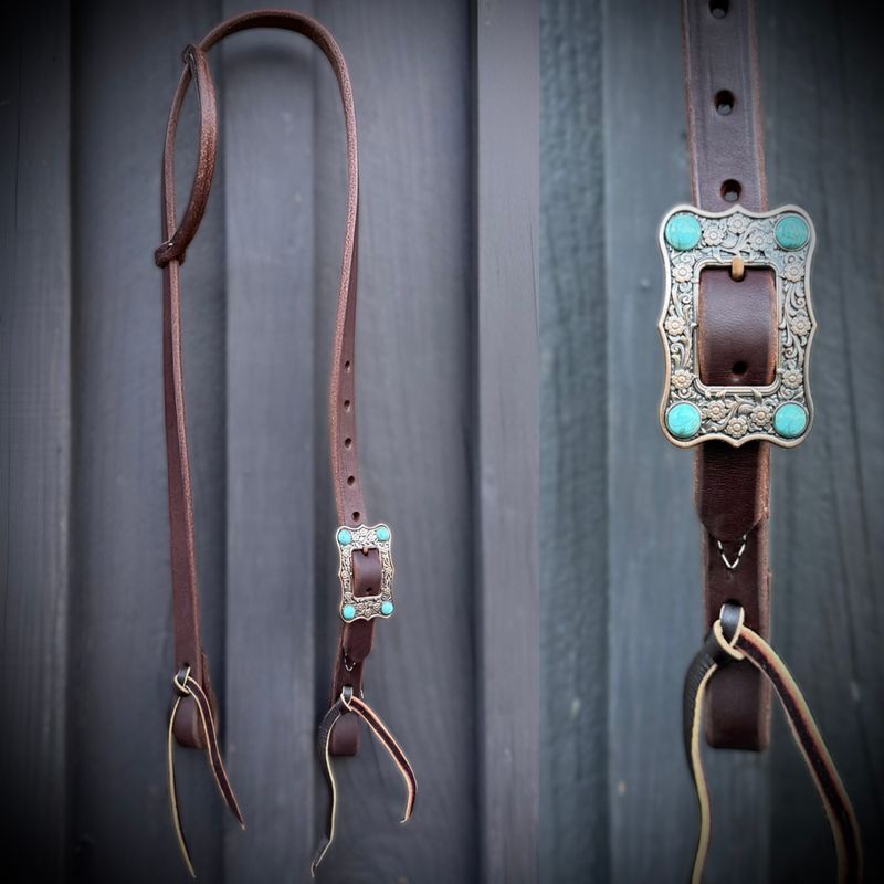 Single Buckle One Ear Headstall 3/4&quot; Oiled Harness Leather with Copper Daisy &amp; Turquoise Stones and Tie Ends