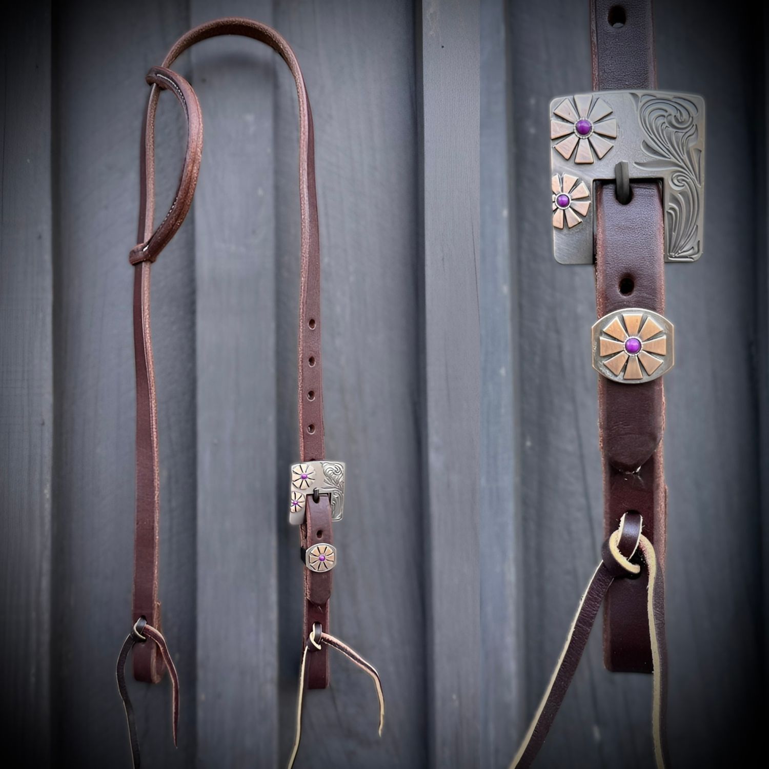 Single Buckle One Ear Headstall 3/4&quot; Oiled Harness Leather with Copper Flower &amp; Purple Stones and Tie Ends