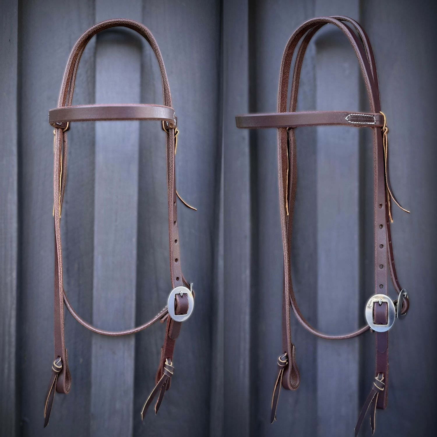 Single Buckle Browband Headstall 5/8" Oiled Harness Leather with Stainless Steel Cart Buckle and Tie Ends