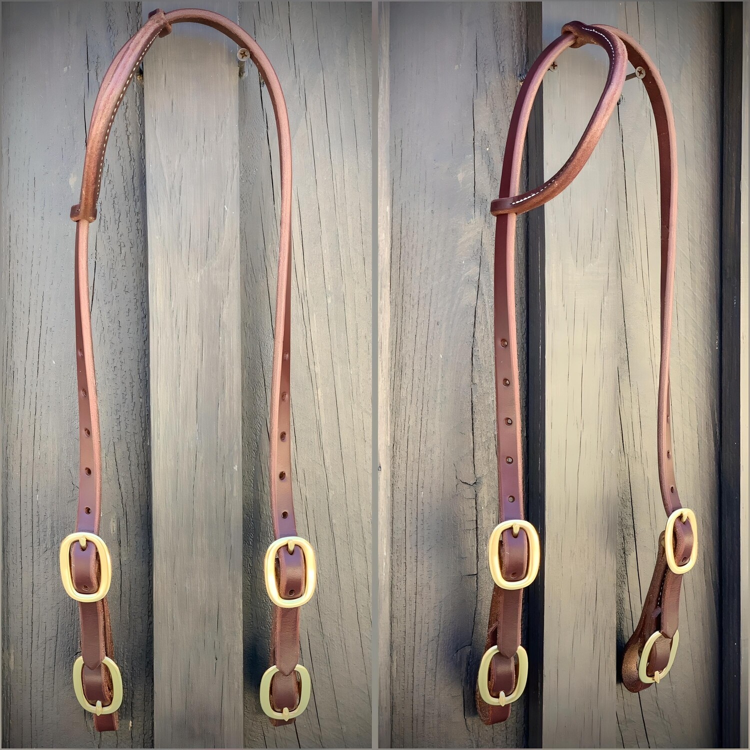 Four Buckle One Ear Headstall 5/8" Oiled Harness Leather with Brass Buckles