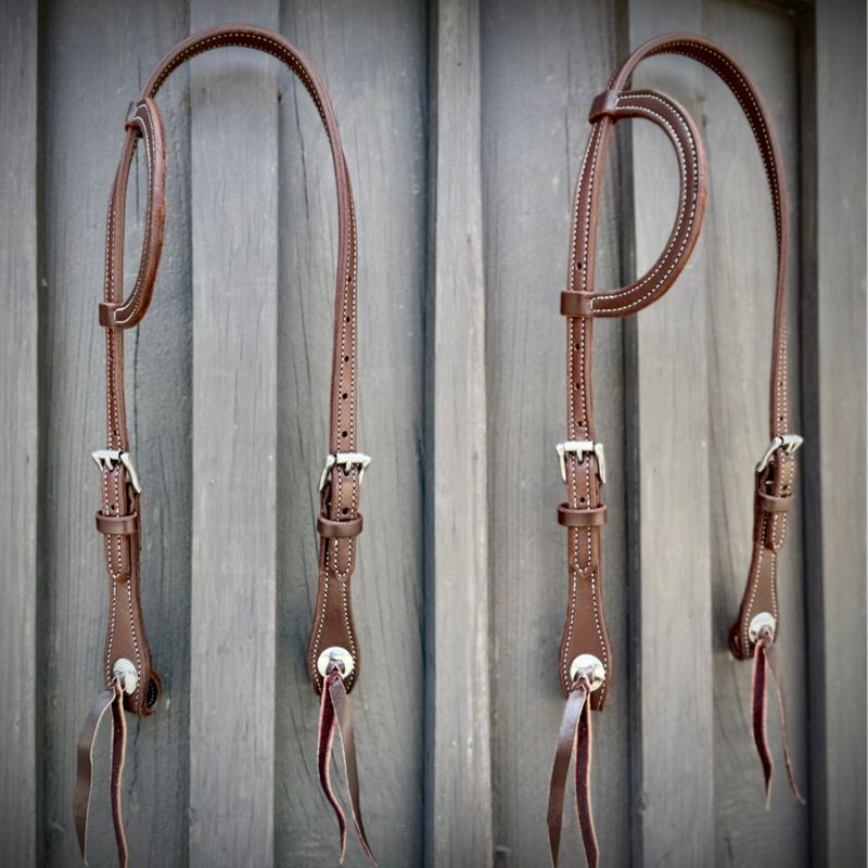 Stitched &amp; Double Roller Buckle One Ear Headstall 3/4" Oiled Harness Leather with Concho Ends