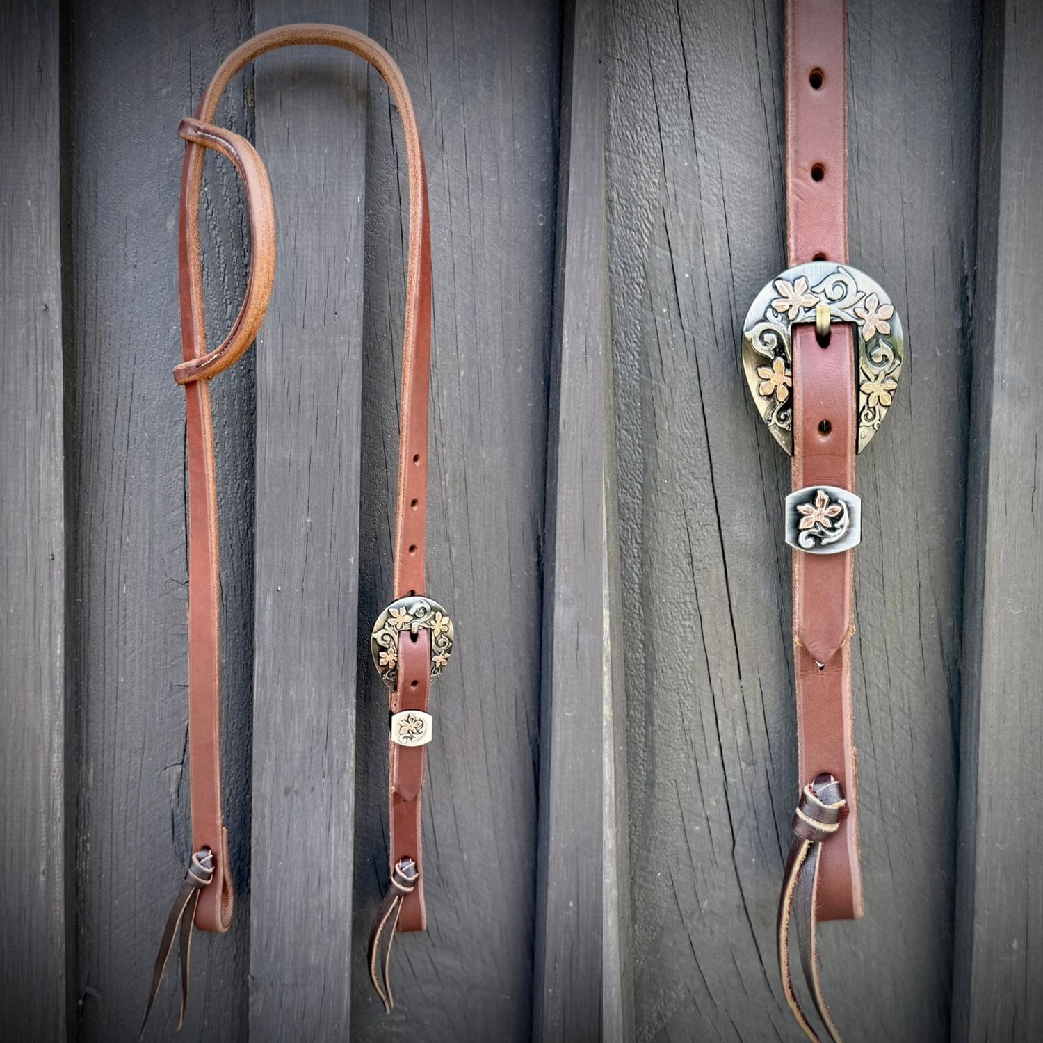 Single Buckle One Ear Headstall 3/4" Oiled Harness Leather with Copper Floral Buckle &amp; Keeper Set and Tie Ends