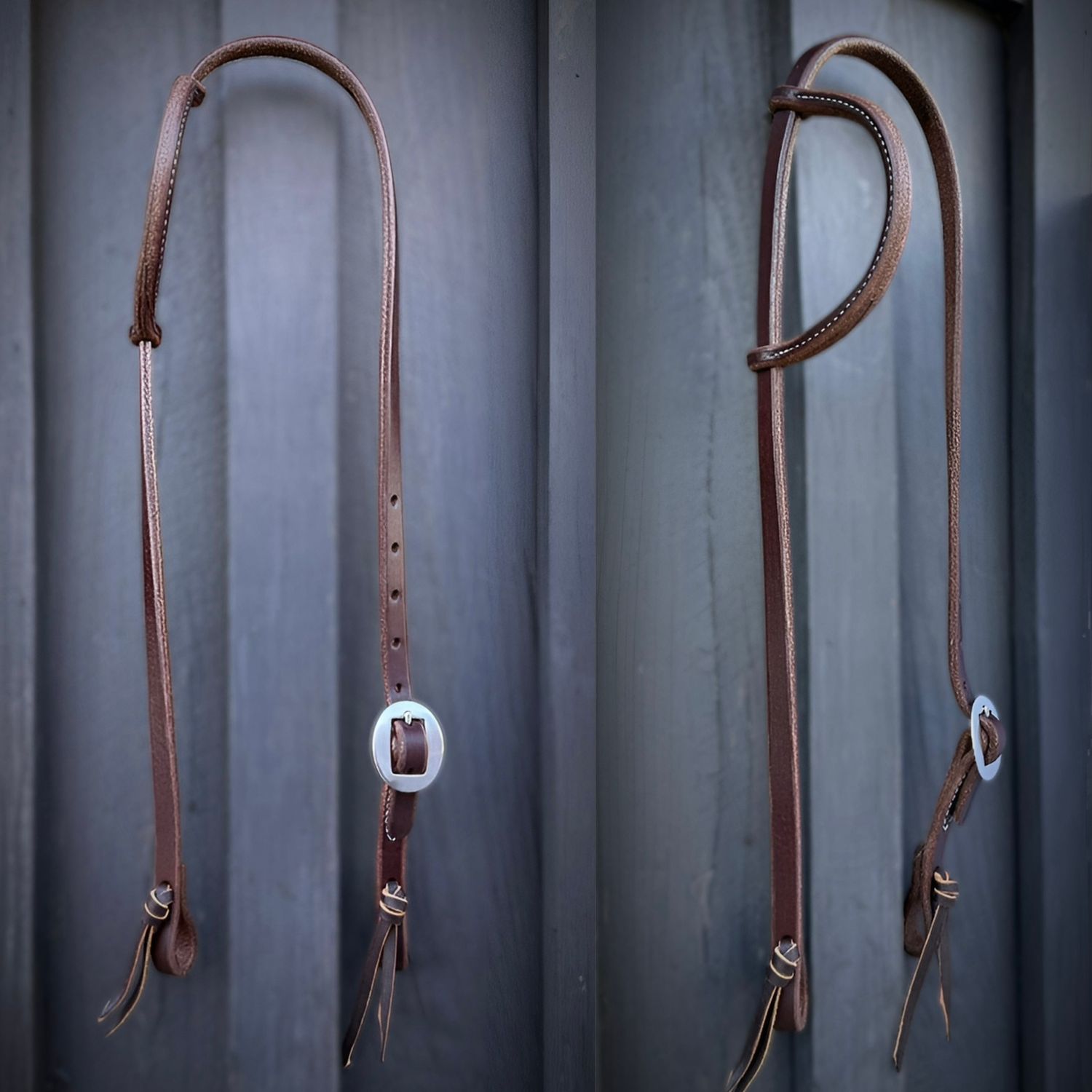Single Buckle One Ear Headstall 5/8" Oiled Harness Leather with Stainless Steel Cart Buckle and Tie Ends