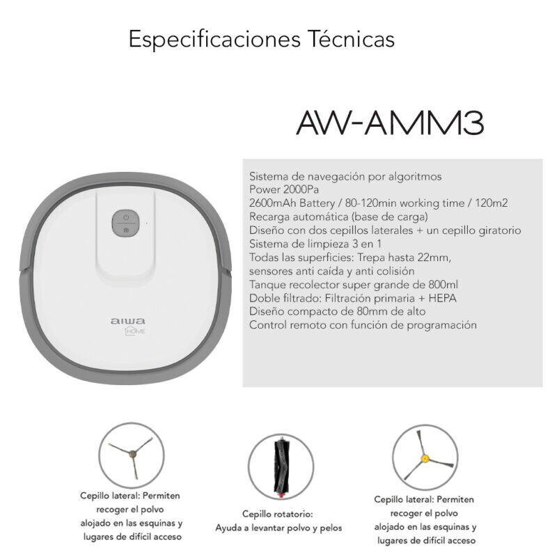 Robot Aspirador Aiwa AW-AMM3 800 ml con 40 watts Bivolt - Blanco / Gris