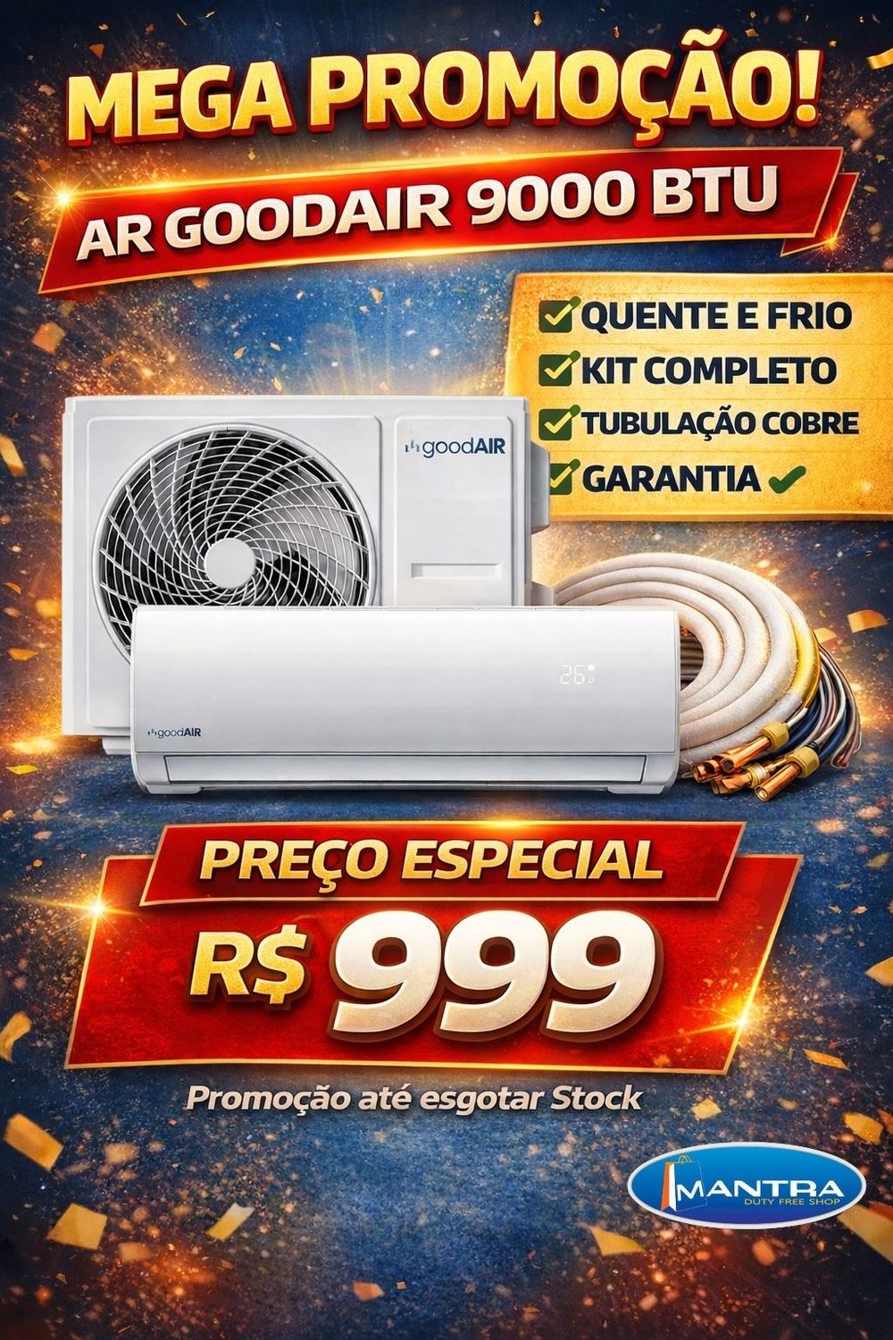 Ar Condicionado Good Air 9.000 BTUs com kit de cobre quente e frio