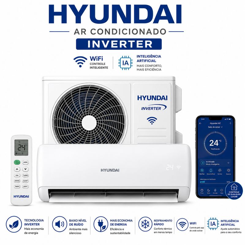 Ar Condicionado Hyundai 12000 Btus inverter  wifi com IA quente e frio com kit de cobre 220/60hz