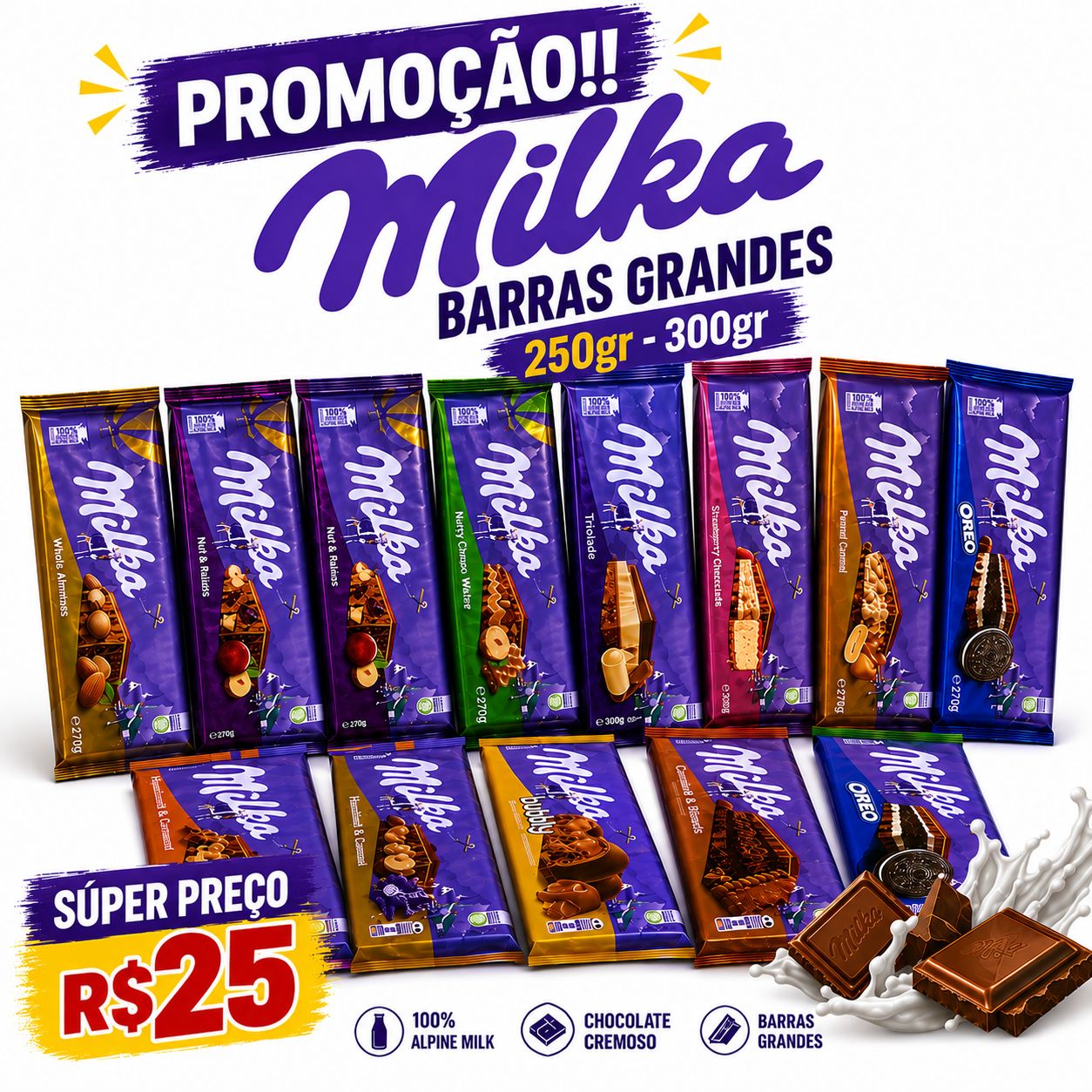 Barra de chocolate Milka grande  vários sabores