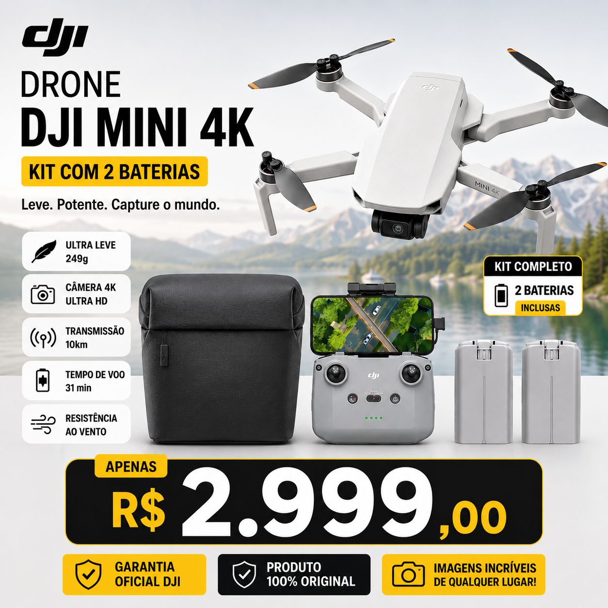 Drone DJI Mini 4K Kit co 2 baterias + estojo