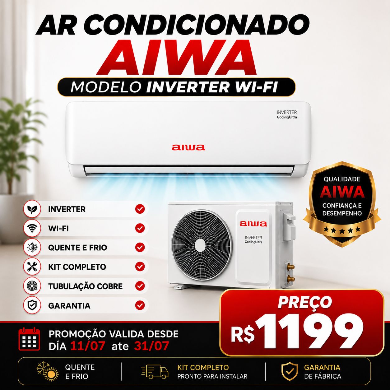 Ar Condicionado Aiwa 12000 BTUs Inverter wi-fi  quente e frio 220/60hz com kit de cobre
