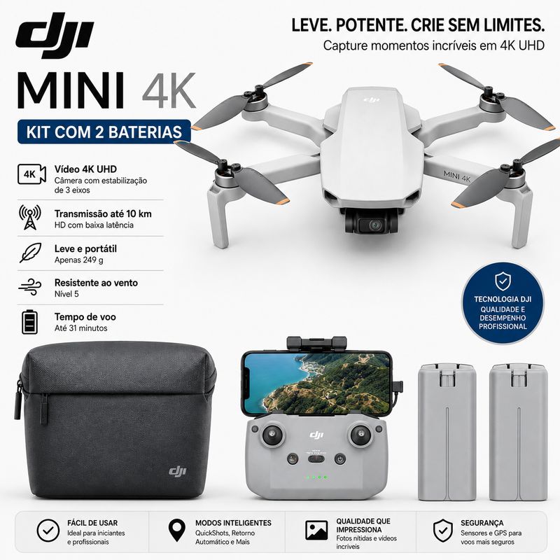 Drone DJI Mini 4k kit com 2 baterias + estojo