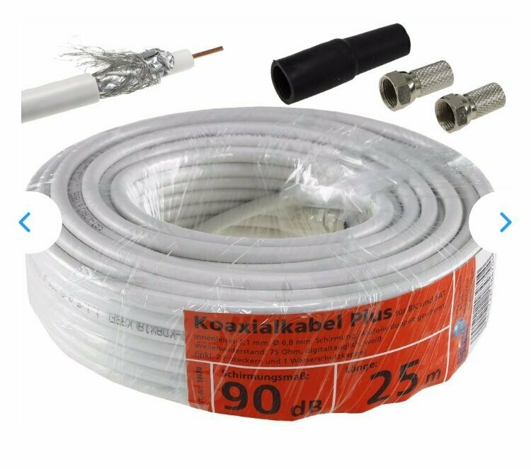 Bobine e Cabo Coaxial RG6, c/2x Fichas F +Protecção, 25mts, Branco