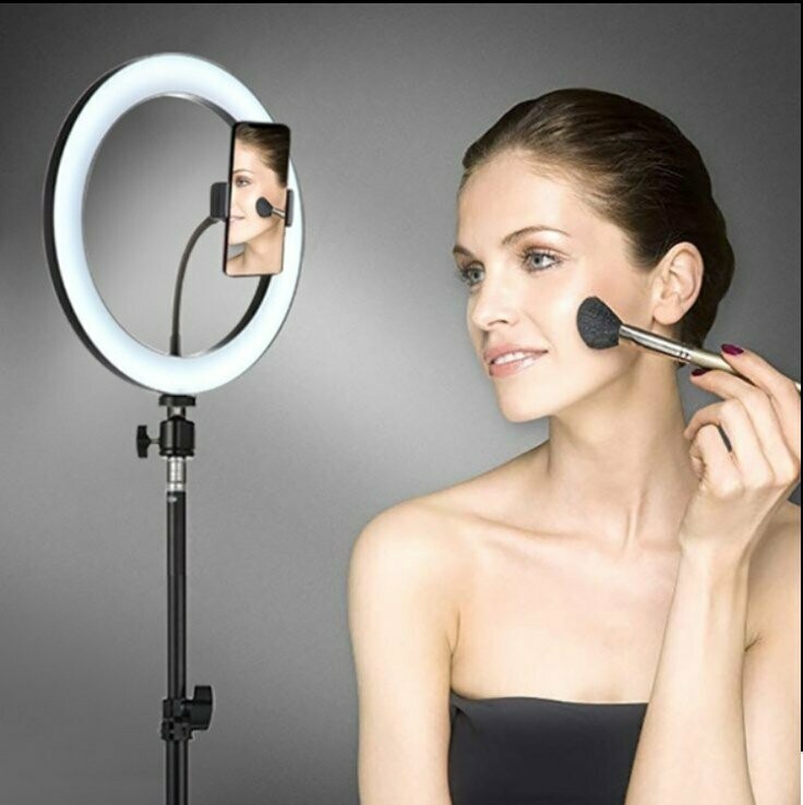 Anel de Luz LED, 26cm, Ideal para Maquilhagem Profissional ou Ensaios Fotográficos, c/Suporte para Telemóvel