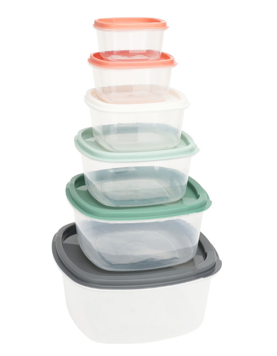 SET 6 RECIPIENTES DE PLÁSTICO COM TAMPAS COLORIDAS E MEDIDAS DIFERENTES