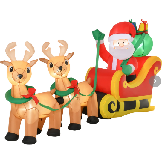 Pai Natal com Trenó e Renas Infláveis com Luzes LED Decoração de Natal para Exterior Ar Livre com Inflador 240x57x112cm Multicor