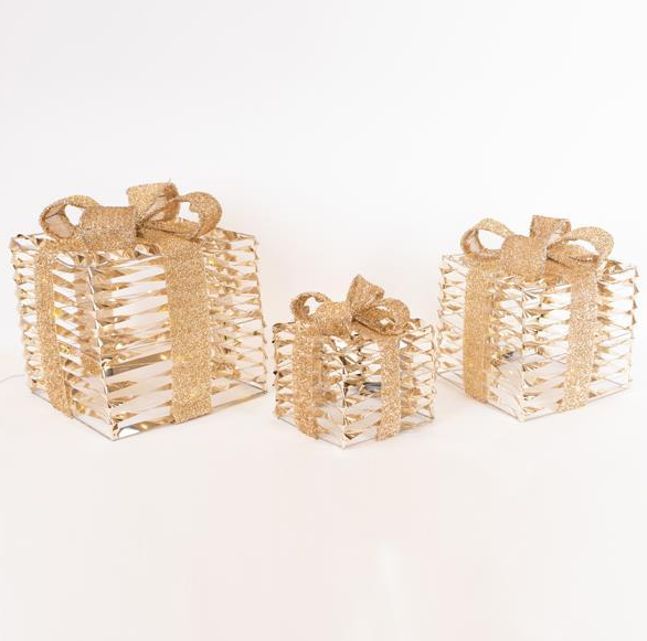 PRESENTES ILUMINADOS 15-20-25cm, CAIXA DE BATERIA, TEMPORIZADOR, OURO BRILHANTE, LED BRANCO QUENTE, IP20