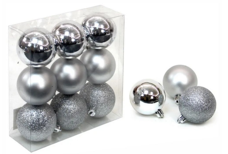 Conjunto de 9 Bolas Prateadas de Natal