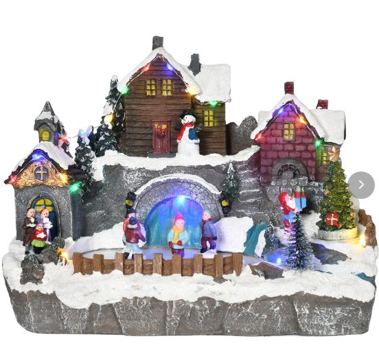 Aldeia de Natal Iluminada com Luzes LED Árvore Giratória e Pista de Patinagem 32x25,5x24cm Multicor
