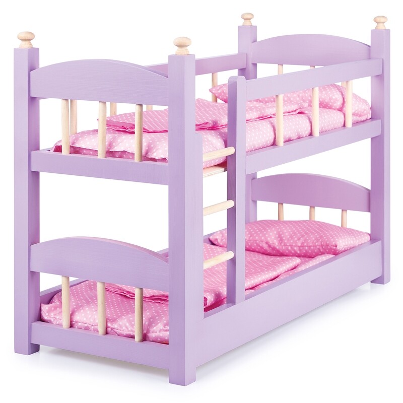 Кроватка для кукол большая двухъярусная деревянная окрашенная со спальным комплектом