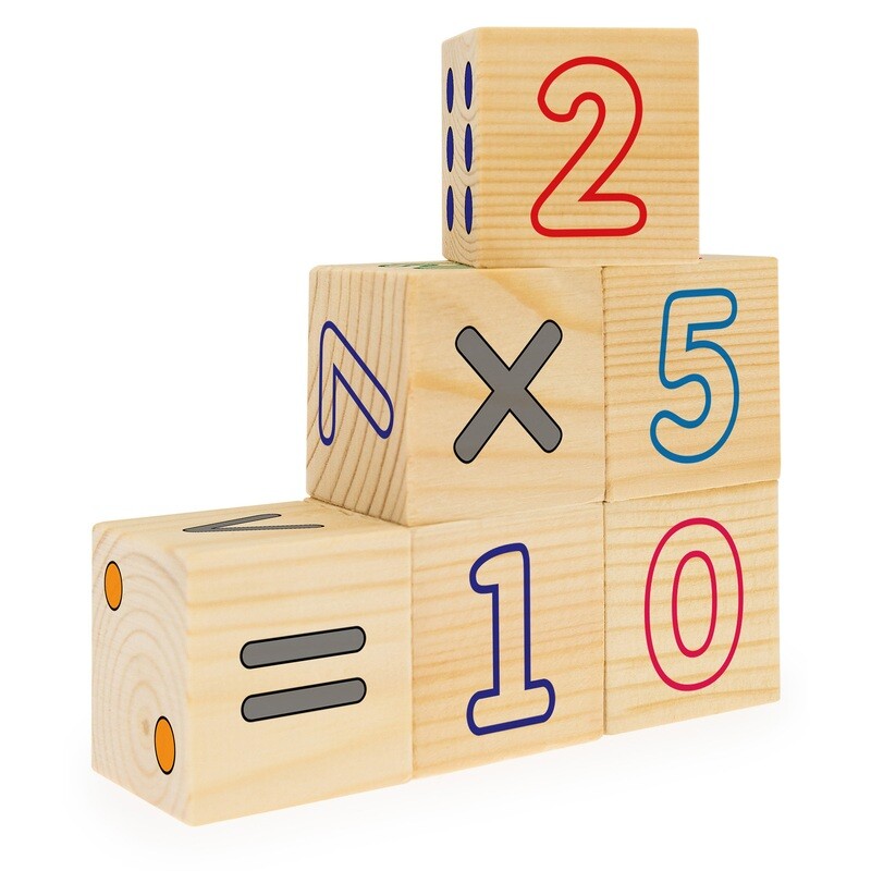 Цифры и знаки. Кубики из дерева. Сложение, вычитание, умножение и деление на кубиках. Набор кубиков. 12 шт