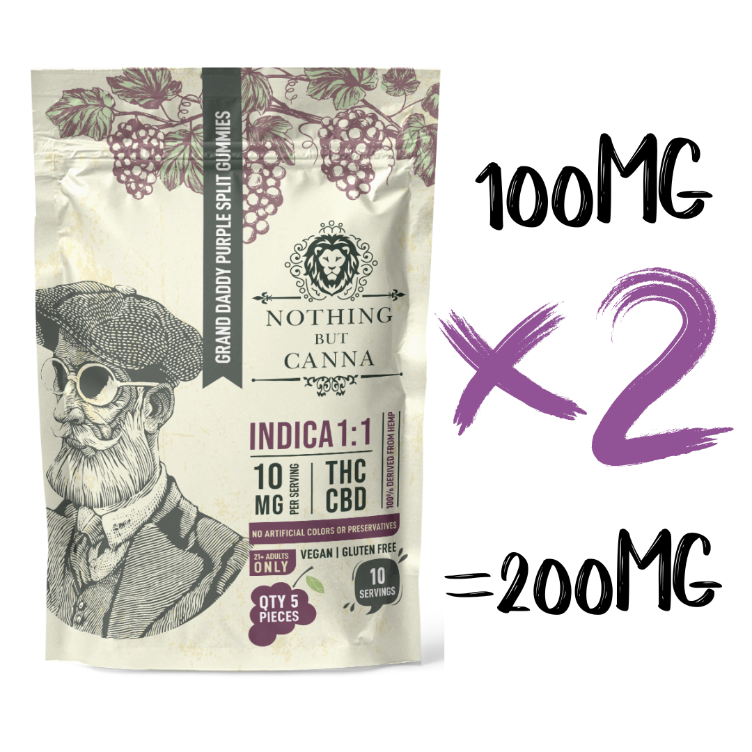 10mg THC | 10mg CBD | Splits | 1:1 | Grand Daddy Purple | Indica | 5 QTY | 10 Servings | Nothing But Canna | 2 for 1 Pricing