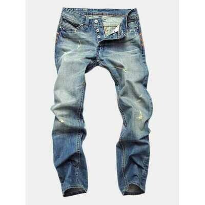 Ripped Fold Stitching Straight Washed Jeans Ripped Fold Stitching Straight Washed Jeans