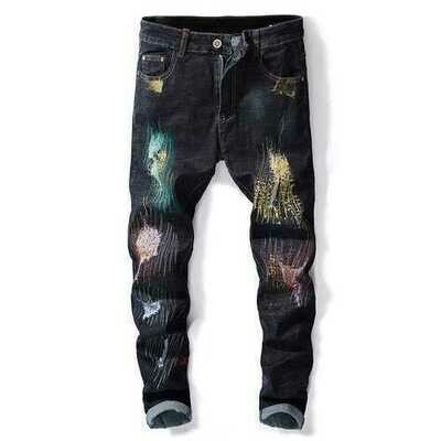 Printing Hip-Hop Design Colorful Holes Jeans Printing Hip-Hop Design Colorful Holes Jeans