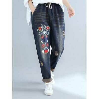 Vintage Elastic Waist Pocket Embroidery Jeans Vintage Elastic Waist Pocket Embroidery Jeans