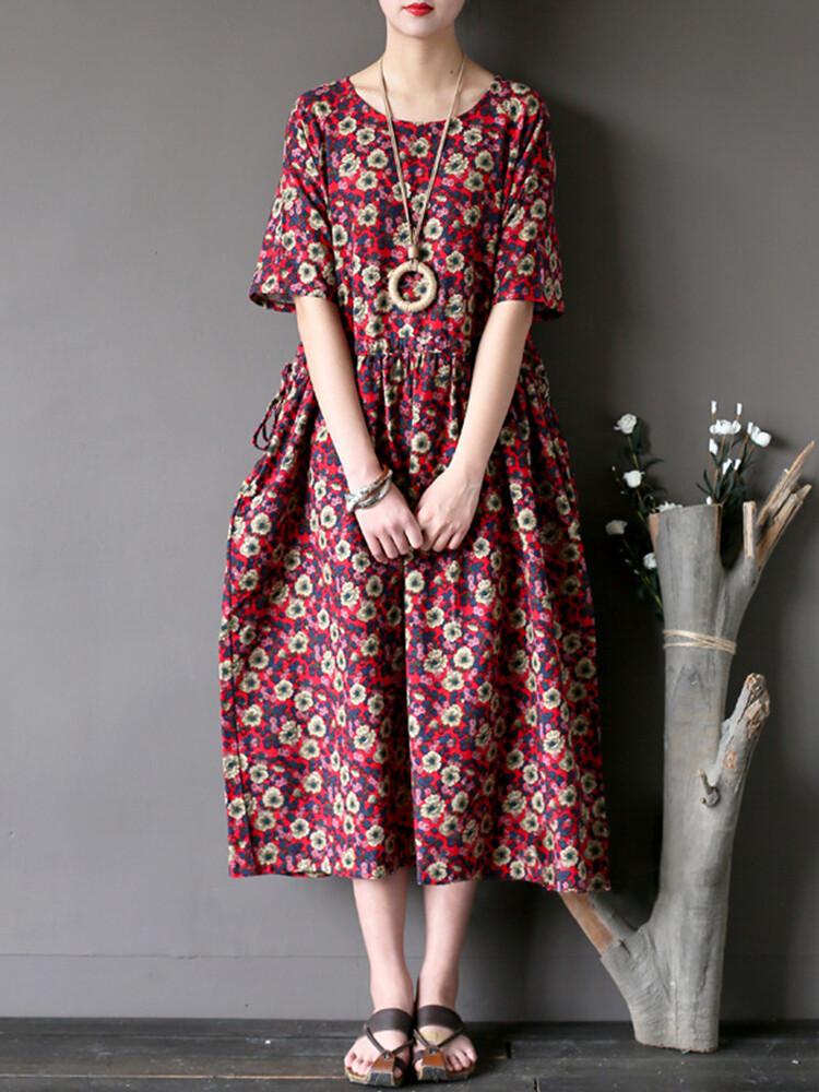 Vintage Floral Printed Short Sleeve Women Dress