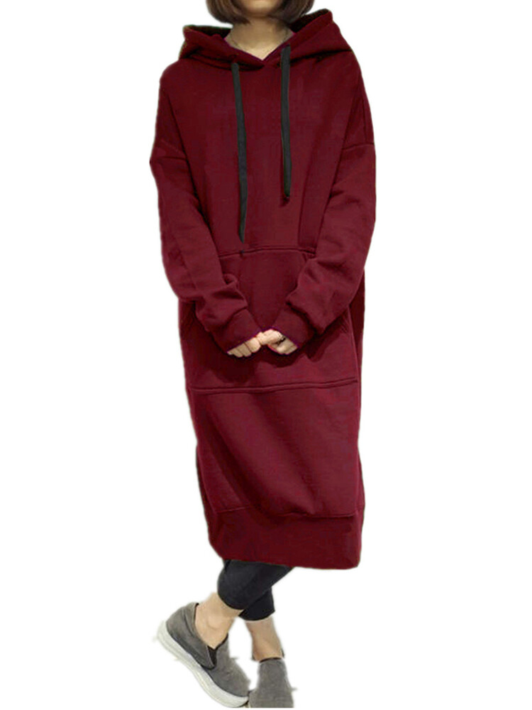 Casual Women Solid Color Long Sleeve Split Hem Pocket Hoodie Dress