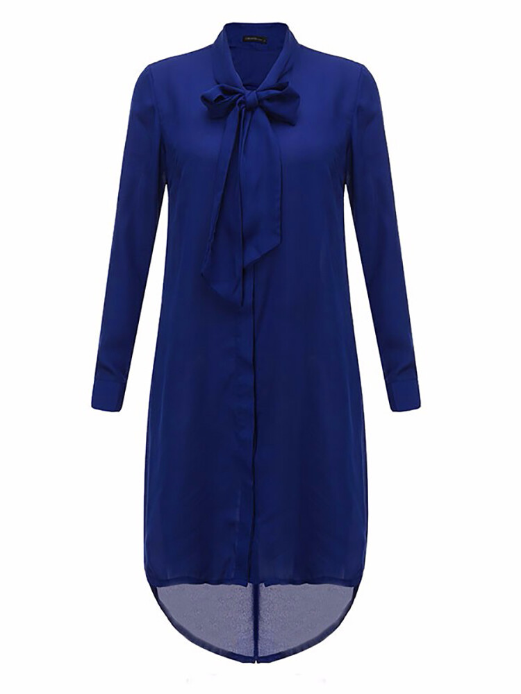 Women Casual Loose Bowknot Long Sleeve Solid Color Shirt Dress
