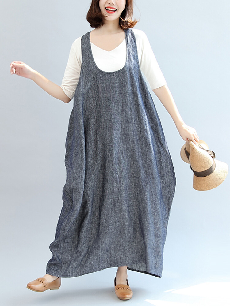 Women Strap Sleeveless Solid Color Casual Loose Maxi Dress