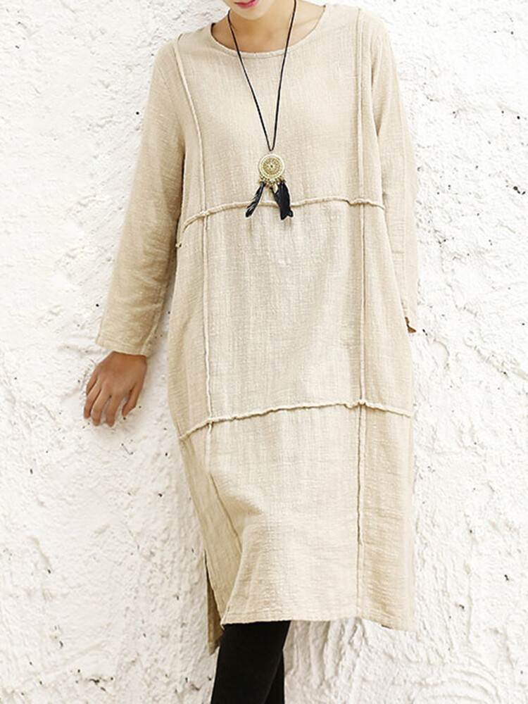 Vintage Women Cotton Linen Long Sleeve Irregular Hem Dress