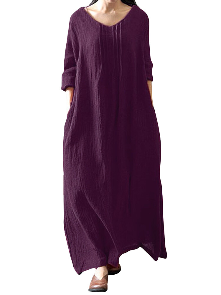 Retro Women Cotton Solid Long Sleeve Side Pockets Dress
