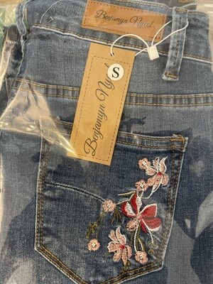 Flower Embroidery Skinny Jeans Woman Vintage Flare Denim Pants Women's Jeans