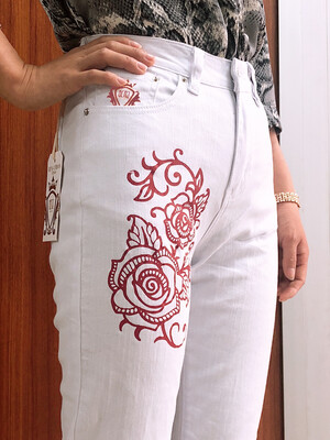 Womens  Jeans Loose /Loose fit casual white denims Pants-Rose Print