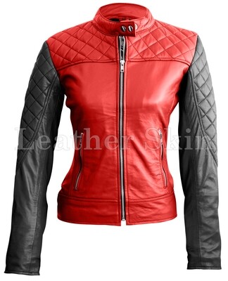 Women Red Black Leather Jacket