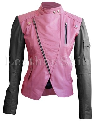 Women Pink Black Leather Jacket