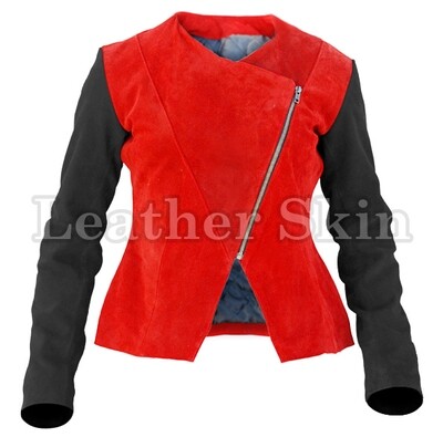Women Bright Red Black Leather Jacket