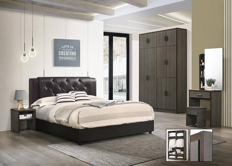 Bedroom Set (Wardrobe + Queen size Bed frame + Dressing Table + Stool + Side Table) Bedroom Set (Wardrobe + Queen size Bed frame + Dressing Table + Stool + Side Table)