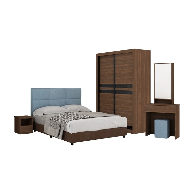 Bedroom Set (5ft Sliding Wardrobe + Queen size Bed frame + Dressing Table + Stool)