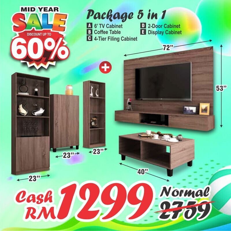 Living Package (6ft High TV Cabinet + Coffee Table + Shoes Cabinet + 2 Display Cabinet) Living Package (6ft High TV Cabinet + Coffee Table + Shoes Cabinet + 2 Display Cabinet)