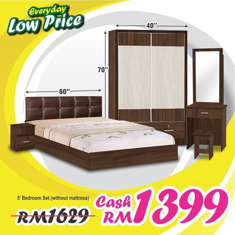 Bedroom Set (3 Door Wardrobe + Queen size Bed frame + Dressing Table + Stool + Side Table) Bedroom Set (3 Door Wardrobe + Queen size Bed frame + Dressing Table + Stool + Side Table)