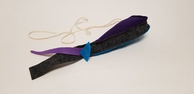 BLACK AND GRAY CATNIP TOY WITH PURPLE AND TURQUOISES ACCENTS