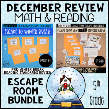 5th Grade Winter Escape Room | Reading and Math Review Game Bundle