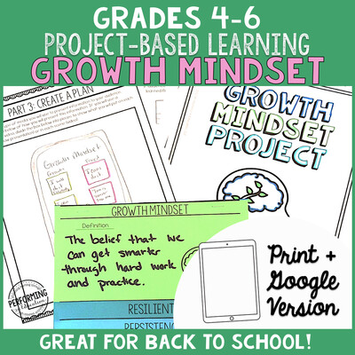 Growth Mindset ELA Project Based Learning Back to School Activity 4th 5th 6th
