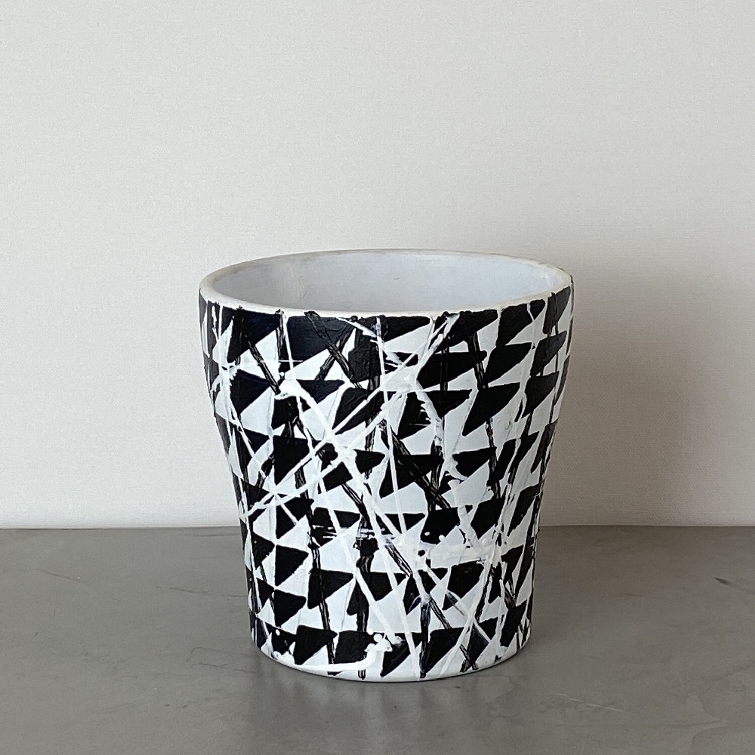 Abstract monochrome hand painted plant pot
