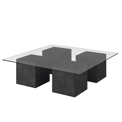 Elyse Square glass coffee table with concrete cube base - Charcoal
