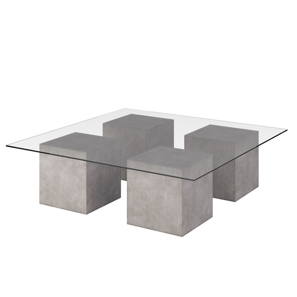 Elyse Square glass coffee table with concrete cube base - Stone grey